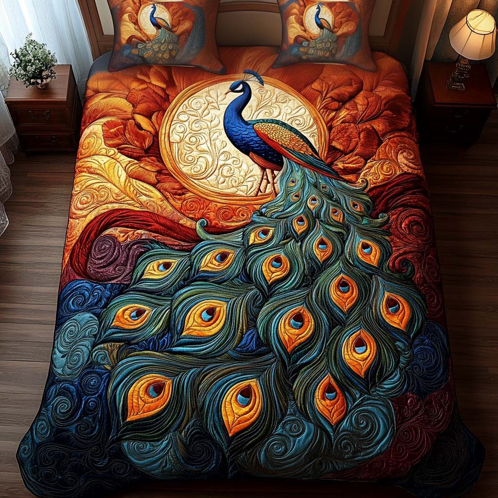 Majestic Peacock Glow quilted 3-piece bedding set on a made bed with two matching pillow shams