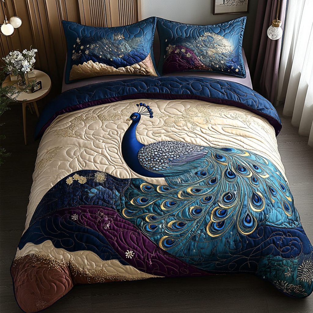 Majestic Peacock quilted 3-piece bedding set on a made bed with two matching pillow shams