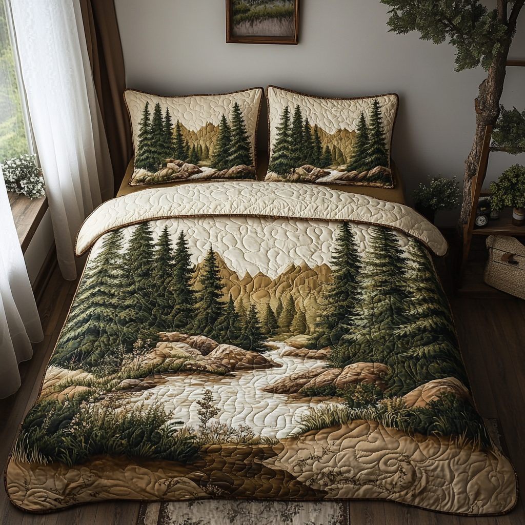 Majestic Pines quilted 3-piece bedding set on a made bed with two matching pillow shams
