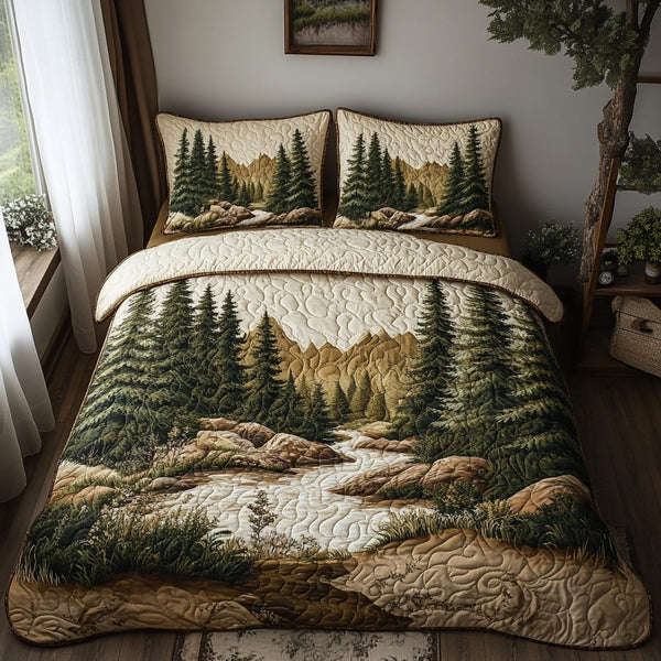 Majestic Pines quilted 3-piece bedding set on a made bed with two matching pillow shams