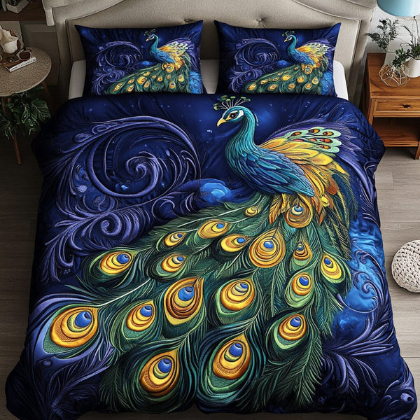 Majestic Plumage quilted 3-piece bedding set on a made bed with two matching pillow shams