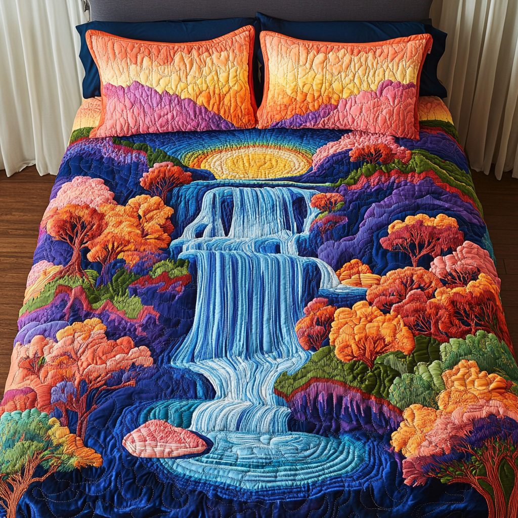 Majestic Pour quilted 3-piece bedding set on a made bed with two matching pillow shams