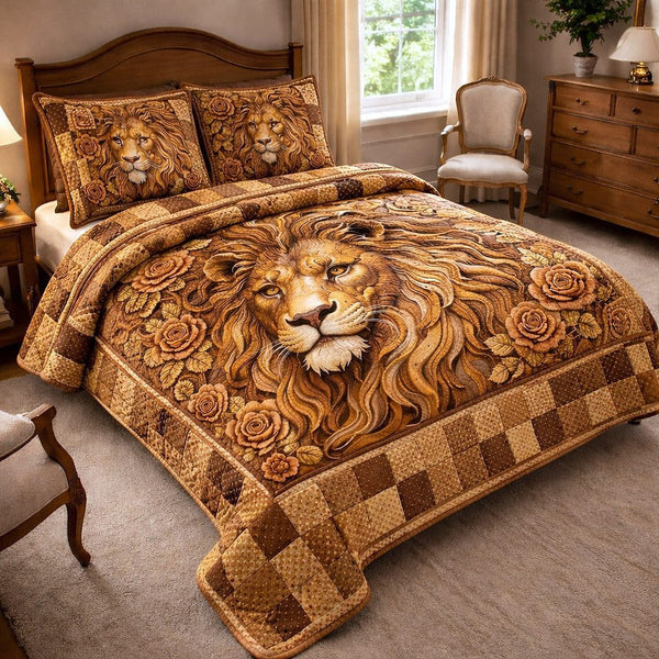 Majestic Pride quilted 3-piece bedding set on a made bed with two matching pillow shams