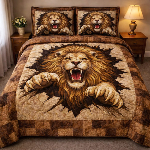 Majestic Pride quilted 3-piece bedding set on a made bed with two matching pillow shams
