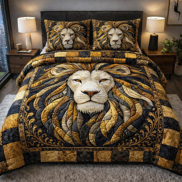 Majestic Pride quilted 3-piece bedding set on a made bed with two matching pillow shams