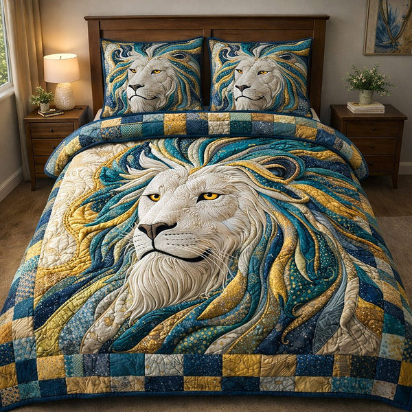 Majestic Pride quilted 3-piece bedding set on a made bed with two matching pillow shams