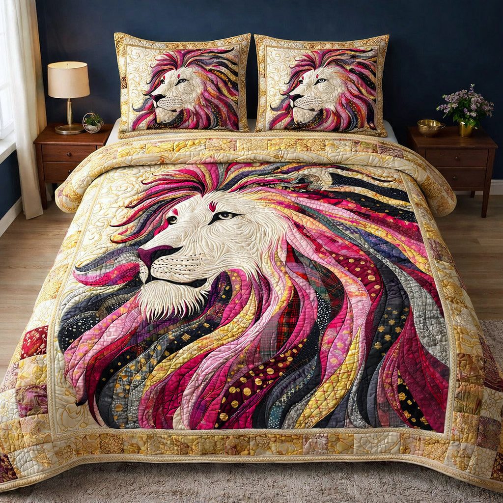 Majestic Pride quilted 3-piece bedding set on a made bed with two matching pillow shams