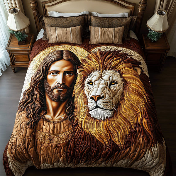 Majestic Protector quilted 3-piece bedding set on a made bed with two matching pillow shams