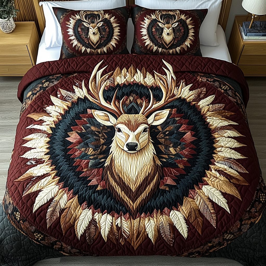 Majestic Reindeer quilted 3-piece bedding set on a made bed in a winter-styled bedroom