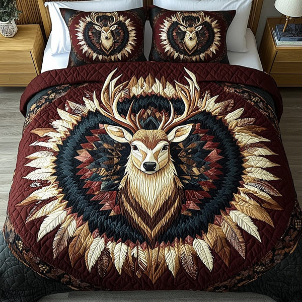 Majestic Reindeer quilted 3-piece bedding set on a made bed in a winter-styled bedroom