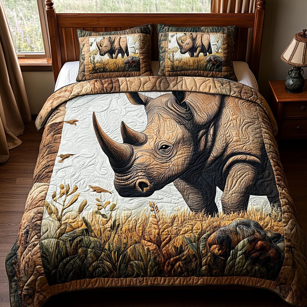 Majestic Rhino quilted 3-piece bedding set on a made bed with two matching pillow shams