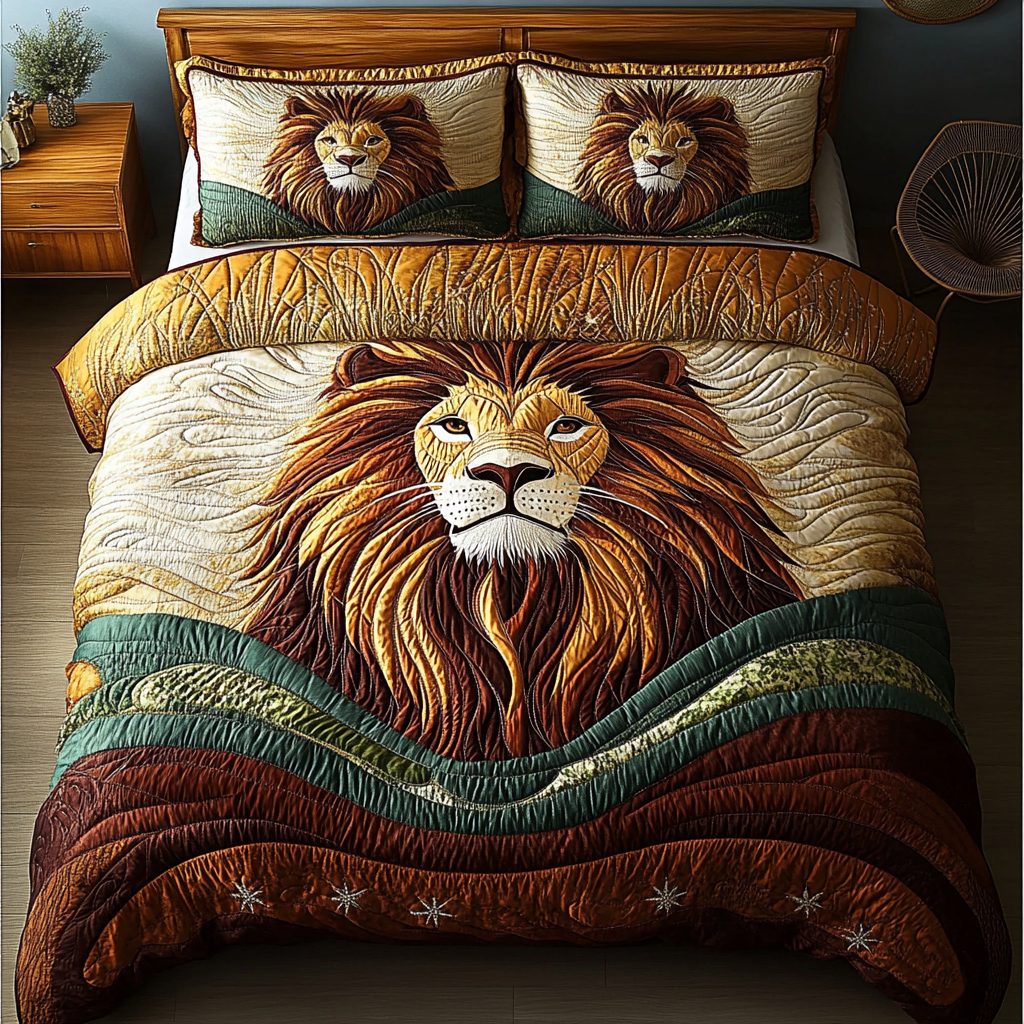 Majestic Roar quilted 3-piece bedding set on a made bed with two matching pillow shams