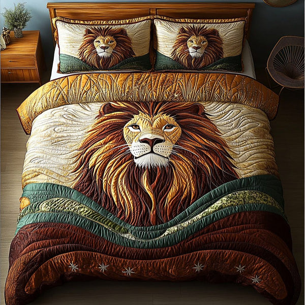 Majestic Roar quilted 3-piece bedding set on a made bed with two matching pillow shams