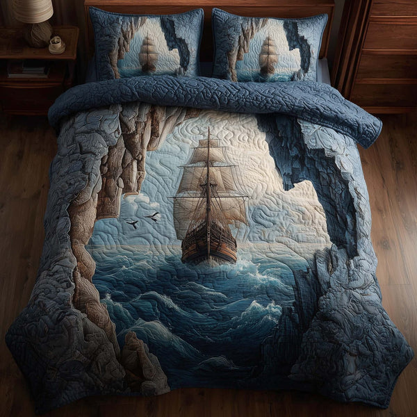 Majestic Ship quilted 3-piece bedding set on a made bed in a light coastal bedroom