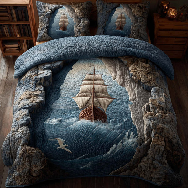 Majestic Ship quilted 3-piece bedding set on a made bed in a light coastal bedroom