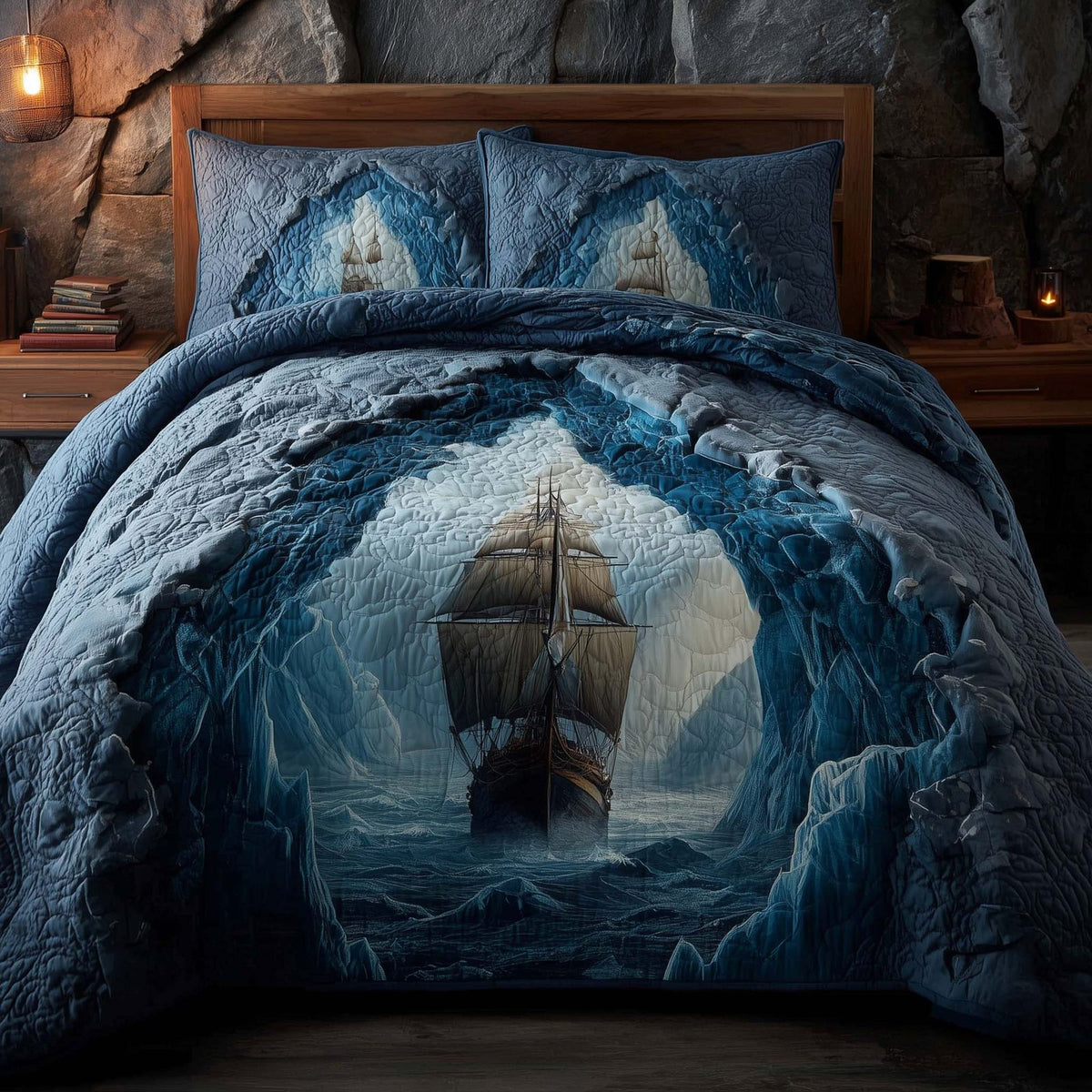 Majestic Ship quilted 3-piece bedding set on a made bed in a light coastal bedroom