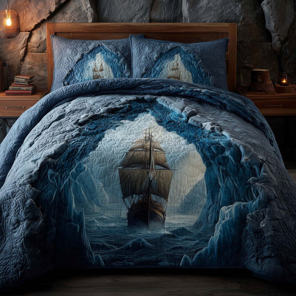Majestic Ship quilted 3-piece bedding set on a made bed in a light coastal bedroom