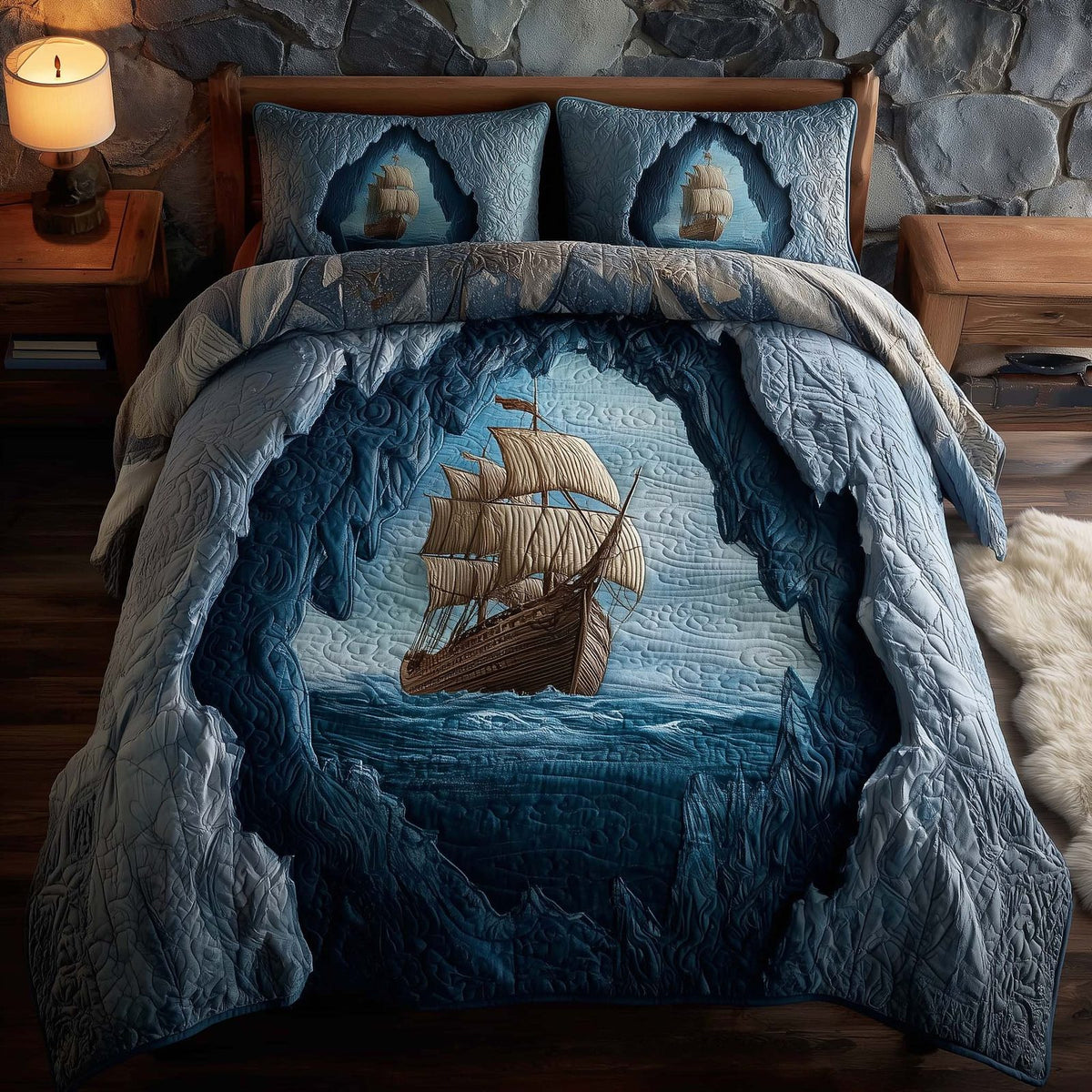 Majestic Ship quilted 3-piece bedding set on a made bed in a light coastal bedroom