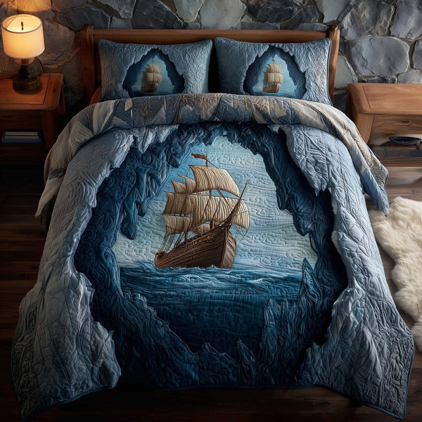 Majestic Ship quilted 3-piece bedding set on a made bed in a light coastal bedroom