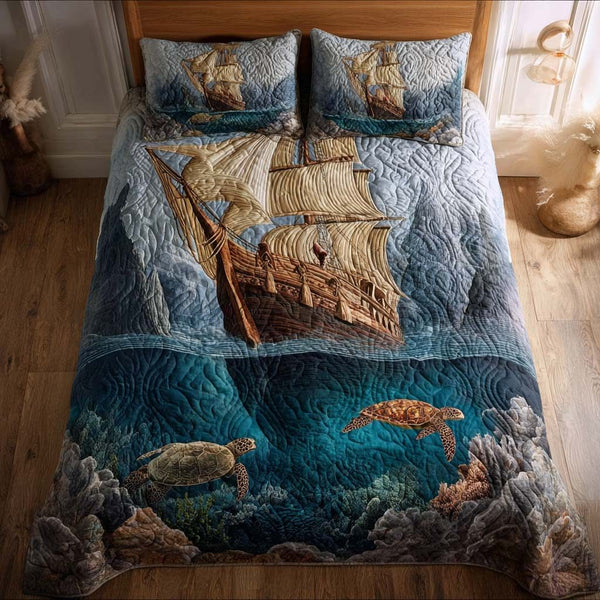 Majestic Ship quilted 3-piece bedding set on a made bed in a light coastal bedroom