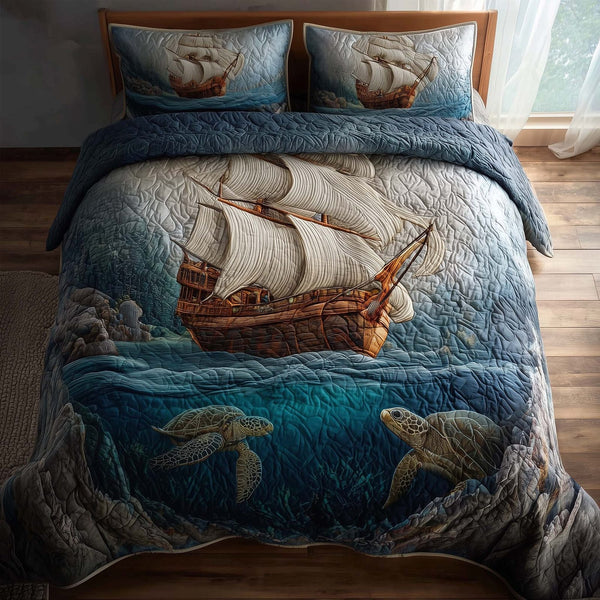Majestic Ship quilted 3-piece bedding set on a made bed in a light coastal bedroom