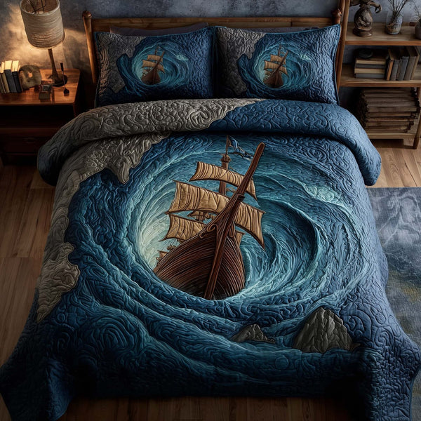 Majestic Ship quilted 3-piece bedding set on a made bed in a light coastal bedroom
