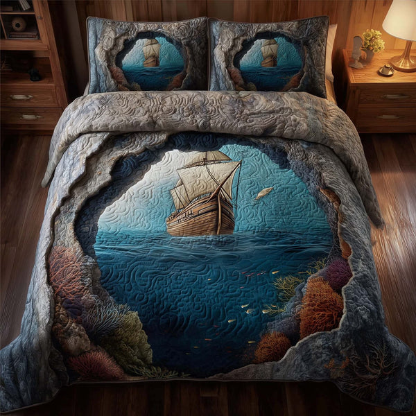 Majestic Ship quilted 3-piece bedding set on a made bed in a light coastal bedroom