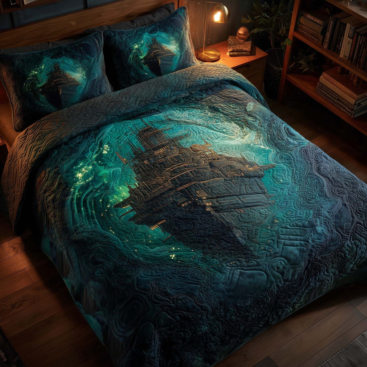 Majestic Ship quilted 3-piece bedding set on a made bed in a light coastal bedroom