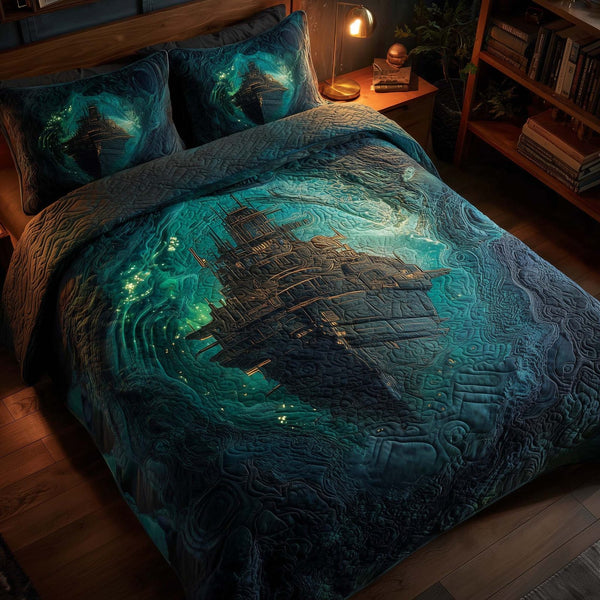 Majestic Ship quilted 3-piece bedding set on a made bed in a light coastal bedroom