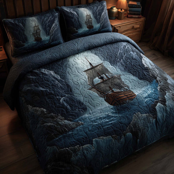 Majestic Ship quilted 3-piece bedding set on a made bed in a light coastal bedroom