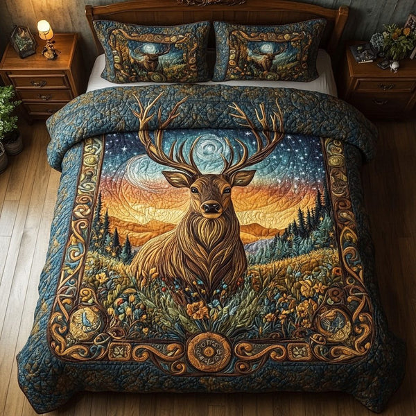 Majestic Stag Haven quilted 3-piece bedding set on a made bed with two matching pillow shams