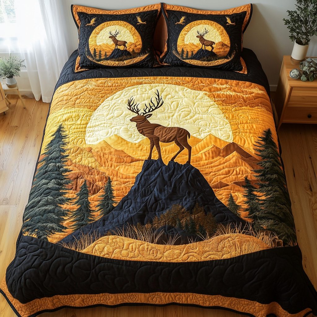 Majestic Stag quilted 3-piece bedding set on a made bed with two matching pillow shams