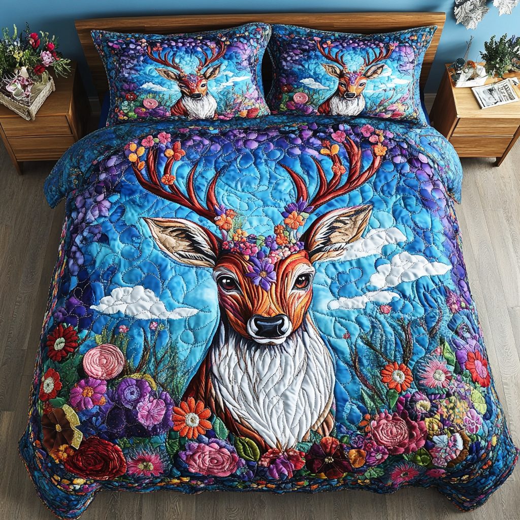 Majestic Stag quilted 3-piece bedding set on a made bed with two matching pillow shams