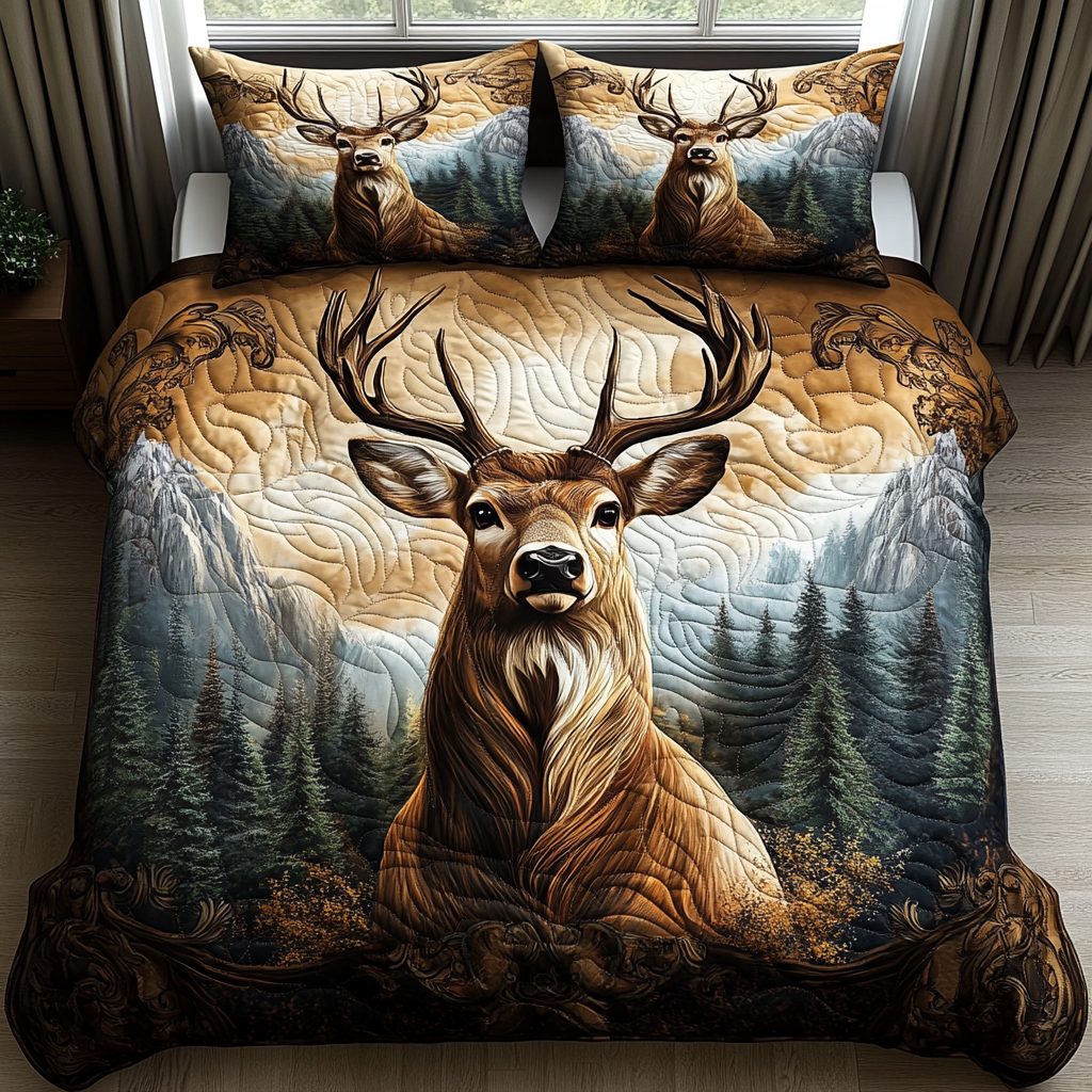 Majestic Stag quilted 3-piece bedding set on a made bed with two matching pillow shams