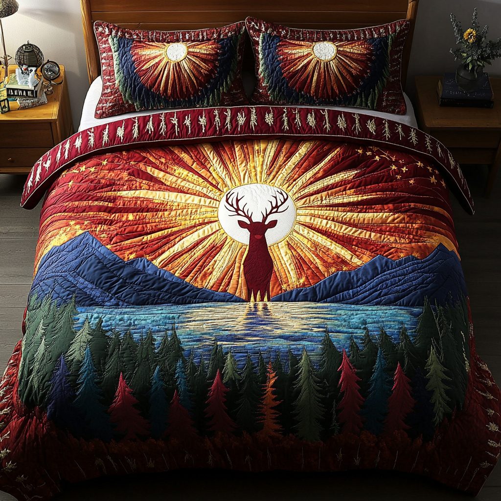 Majestic Stag quilted 3-piece bedding set on a made bed with two matching pillow shams