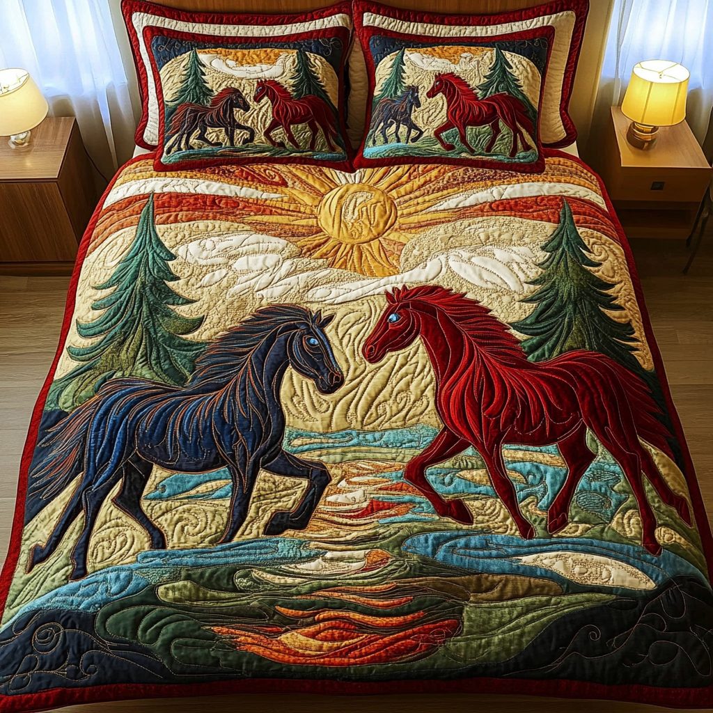 Majestic Stallion quilted 3-piece bedding set on a made bed in a rustic timber bedroom