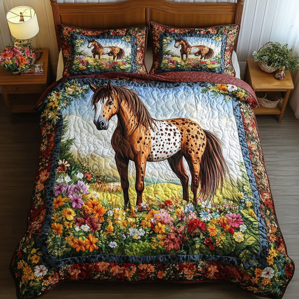 Majestic Stallion quilted 3-piece bedding set on a made bed in a rustic timber bedroom