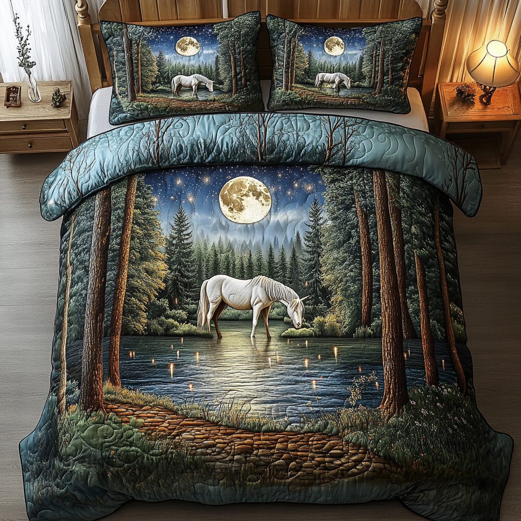 Majestic Stallion quilted 3-piece bedding set on a made bed in a rustic timber bedroom