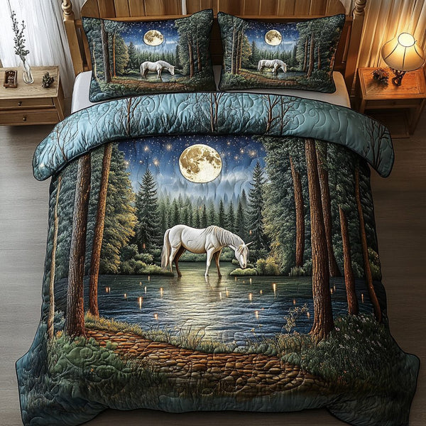 Majestic Stallion quilted 3-piece bedding set on a made bed in a rustic timber bedroom