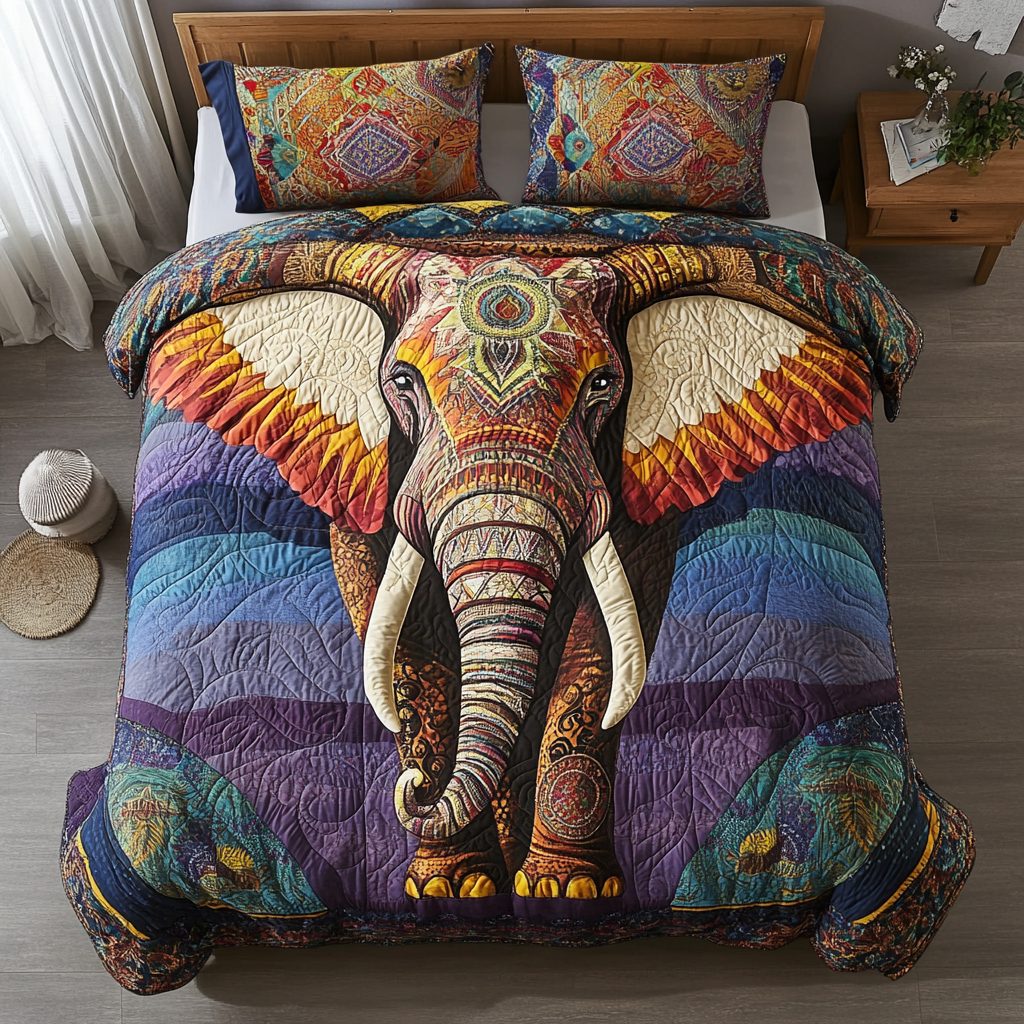 Majestic Steps quilted 3-piece bedding set on a made bed with two matching pillow shams