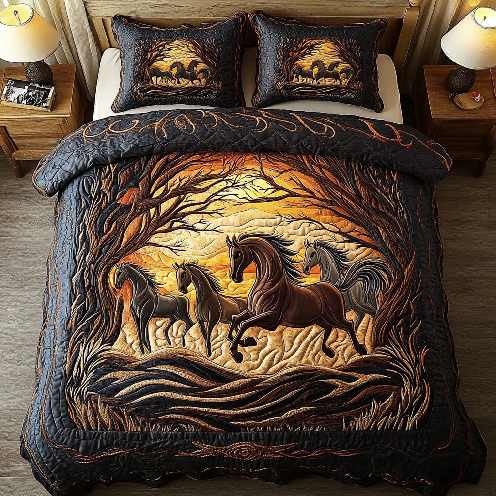 Majestic Strides quilted 3-piece bedding set on a made bed with two matching pillow shams
