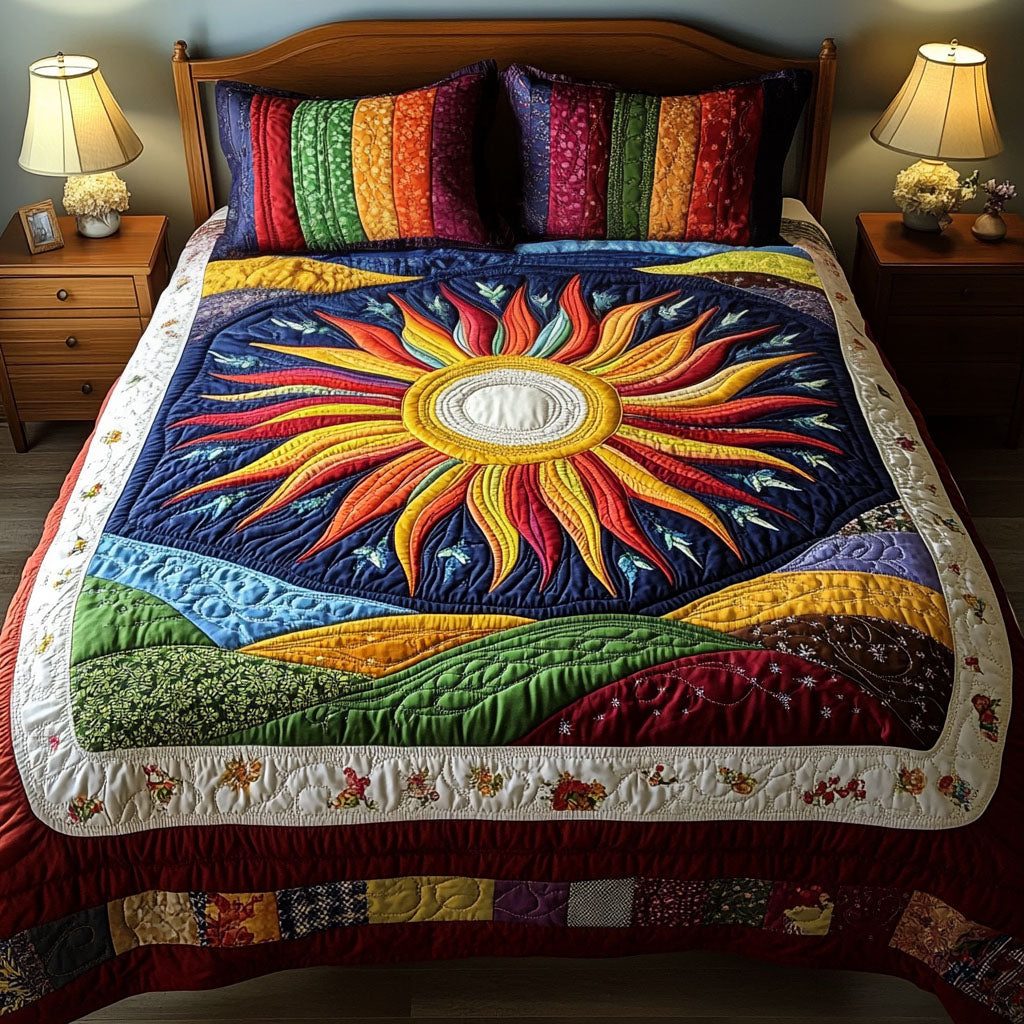Majestic Sun quilted 3-piece bedding set on a made bed with two matching pillow shams