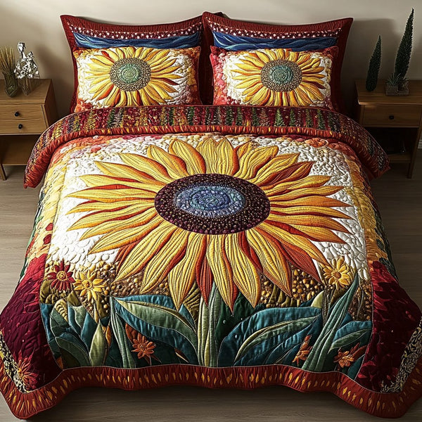 Majestic Sunflower Bloom quilted 3-piece bedding set on a made bed with two matching pillow shams