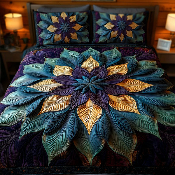 Majestic Sunflower quilted 3-piece bedding set on a made bed with two matching pillow shams