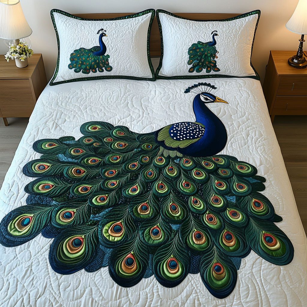 Majestic Tail Display quilted 3-piece bedding set on a made bed with two matching pillow shams