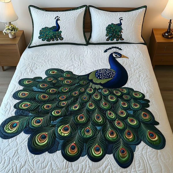 Majestic Tail Display quilted 3-piece bedding set on a made bed with two matching pillow shams