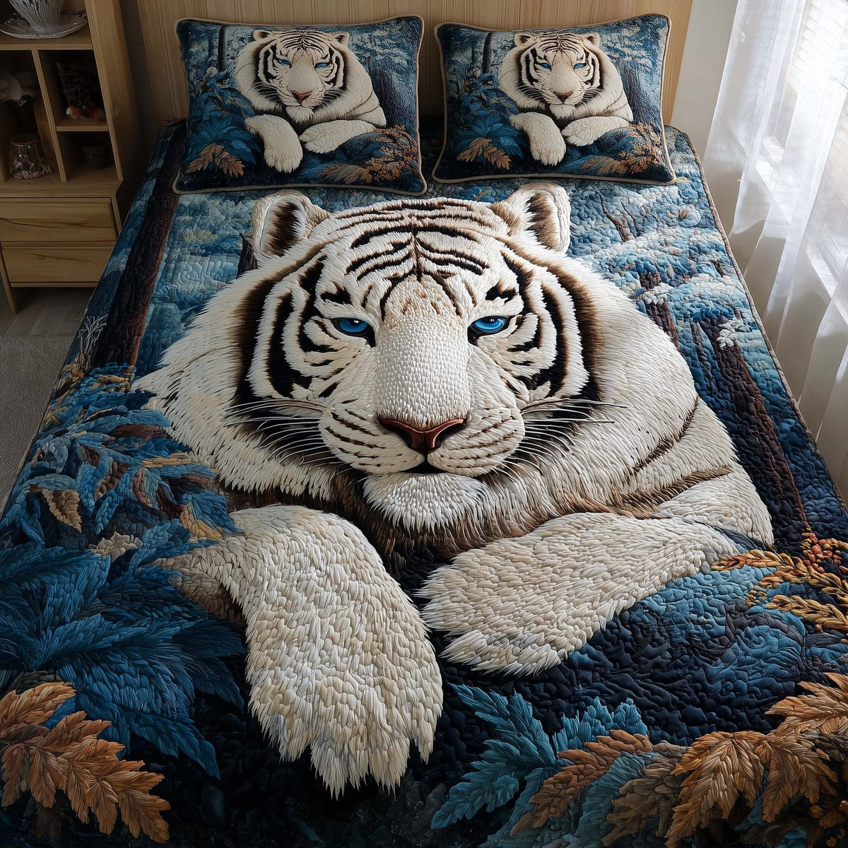 Majestic Tiger quilted 3-piece bedding set on a made bed with two matching pillow shams