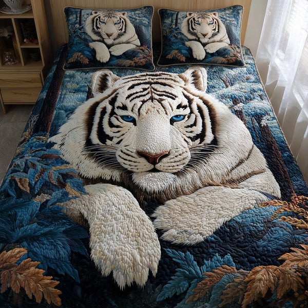 Majestic Tiger quilted 3-piece bedding set on a made bed with two matching pillow shams