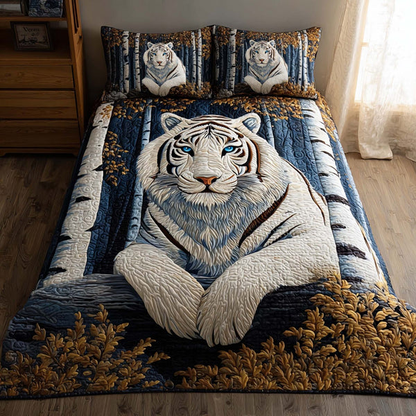 Majestic Tiger quilted 3-piece bedding set on a made bed with two matching pillow shams