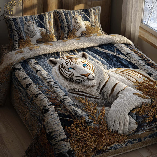 Majestic Tiger quilted 3-piece bedding set on a made bed with two matching pillow shams